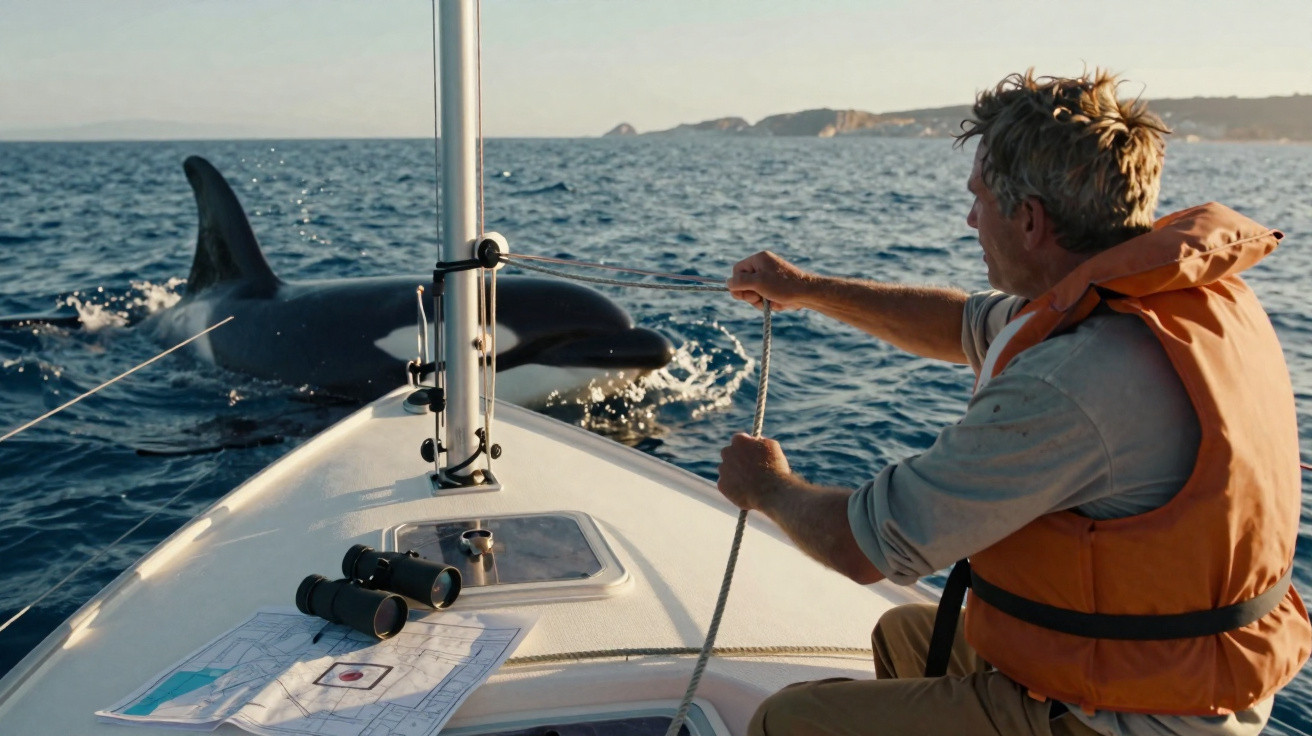 Homem em colete laranja no barco próximo a um golfinho nadando no mar com ilhas ao fundo.