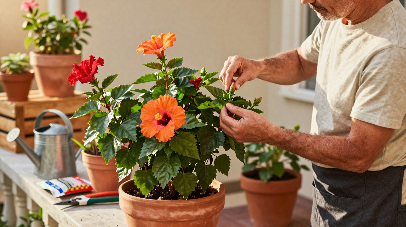 Homem cuidando de flores coloridas em vaso de barro em varanda ensolarada.