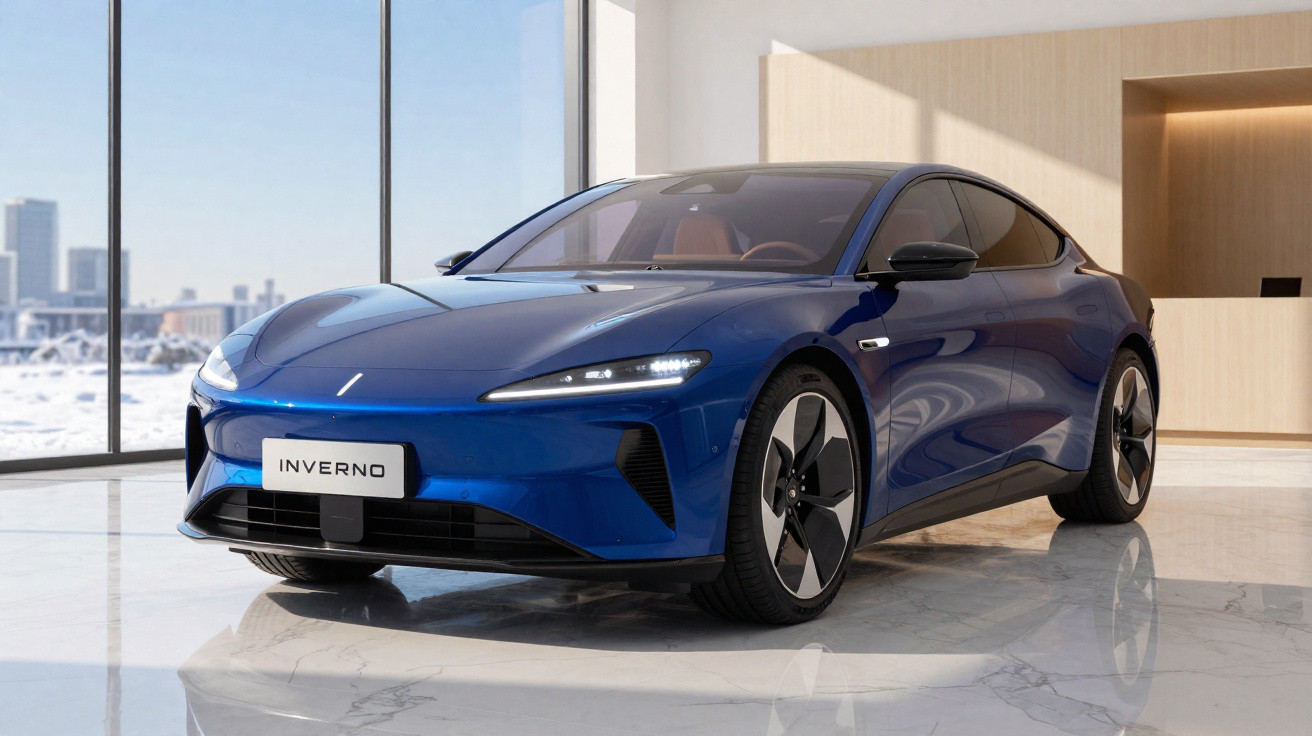 Carro elétrico azul Inverno em showroom com design moderno e aerodinâmico.