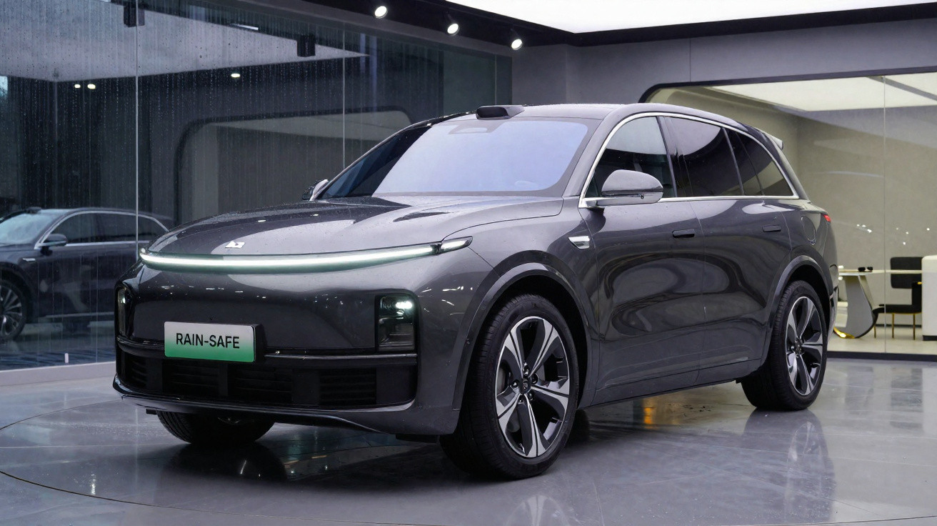 Carro elétrico cinza escuro modelo SUV moderno exibido em ambiente interno de showroom.