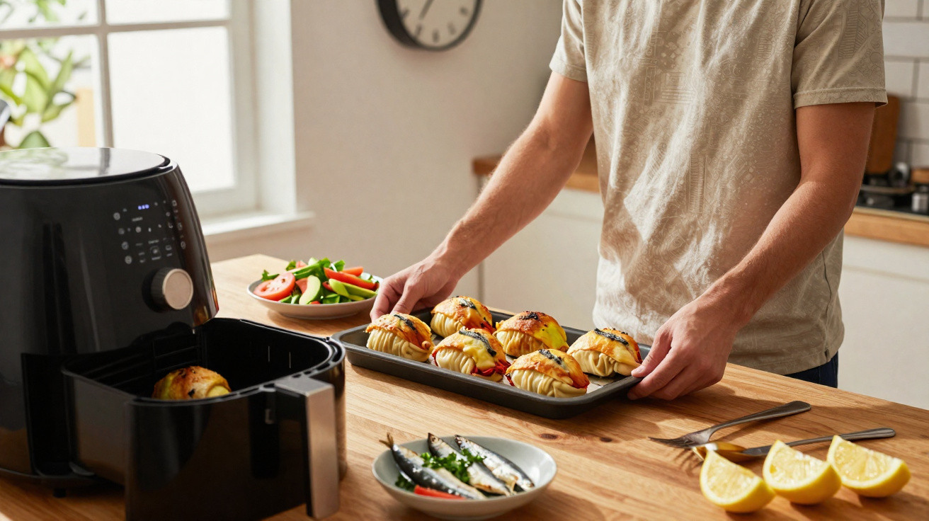 Pessoa retirando bandeja com pastéis assados de airfryer em cozinha com alimentos variados na mesa.