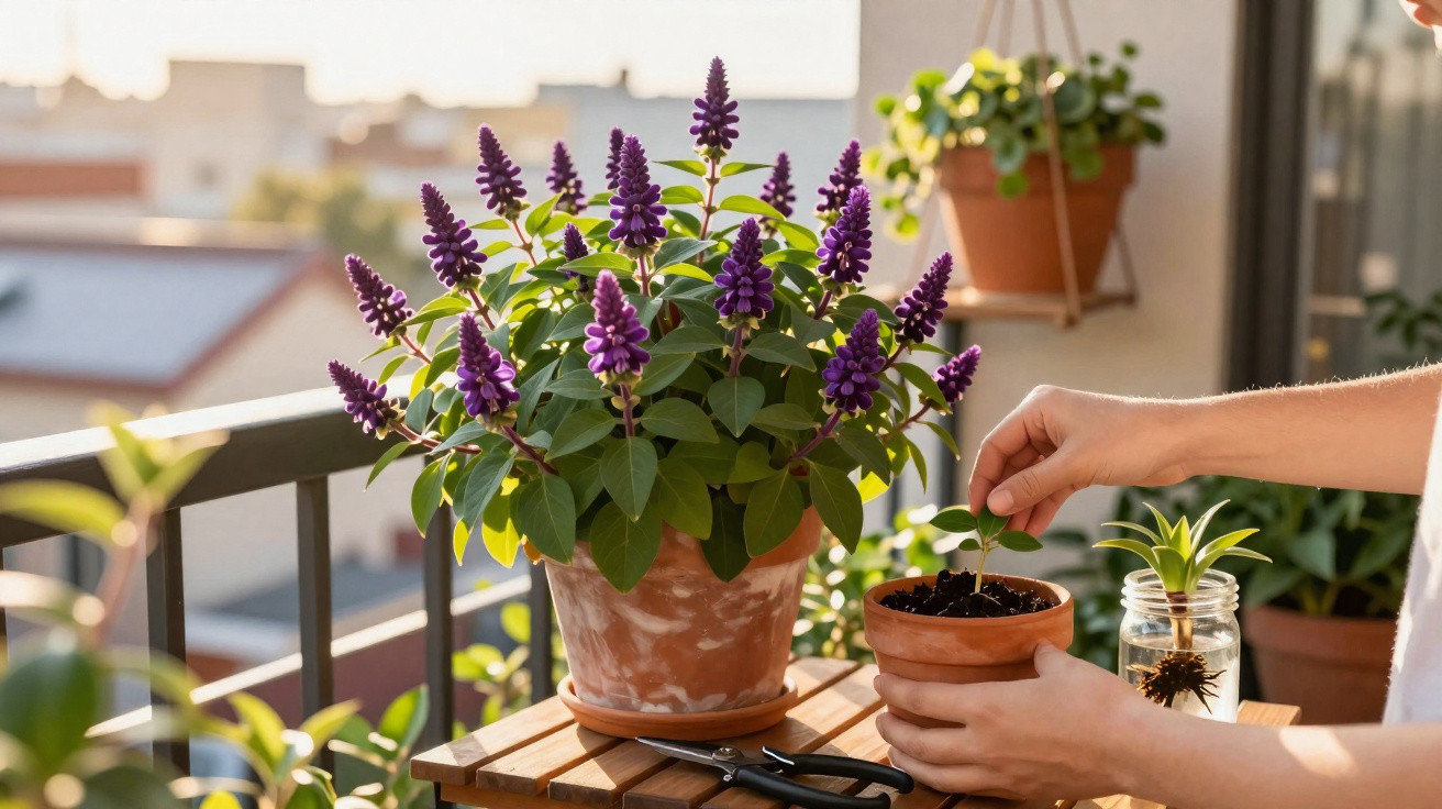 Mãos plantando muda em vaso pequeno ao lado de vaso com flores roxas sobre mesa em varanda ensolarada.