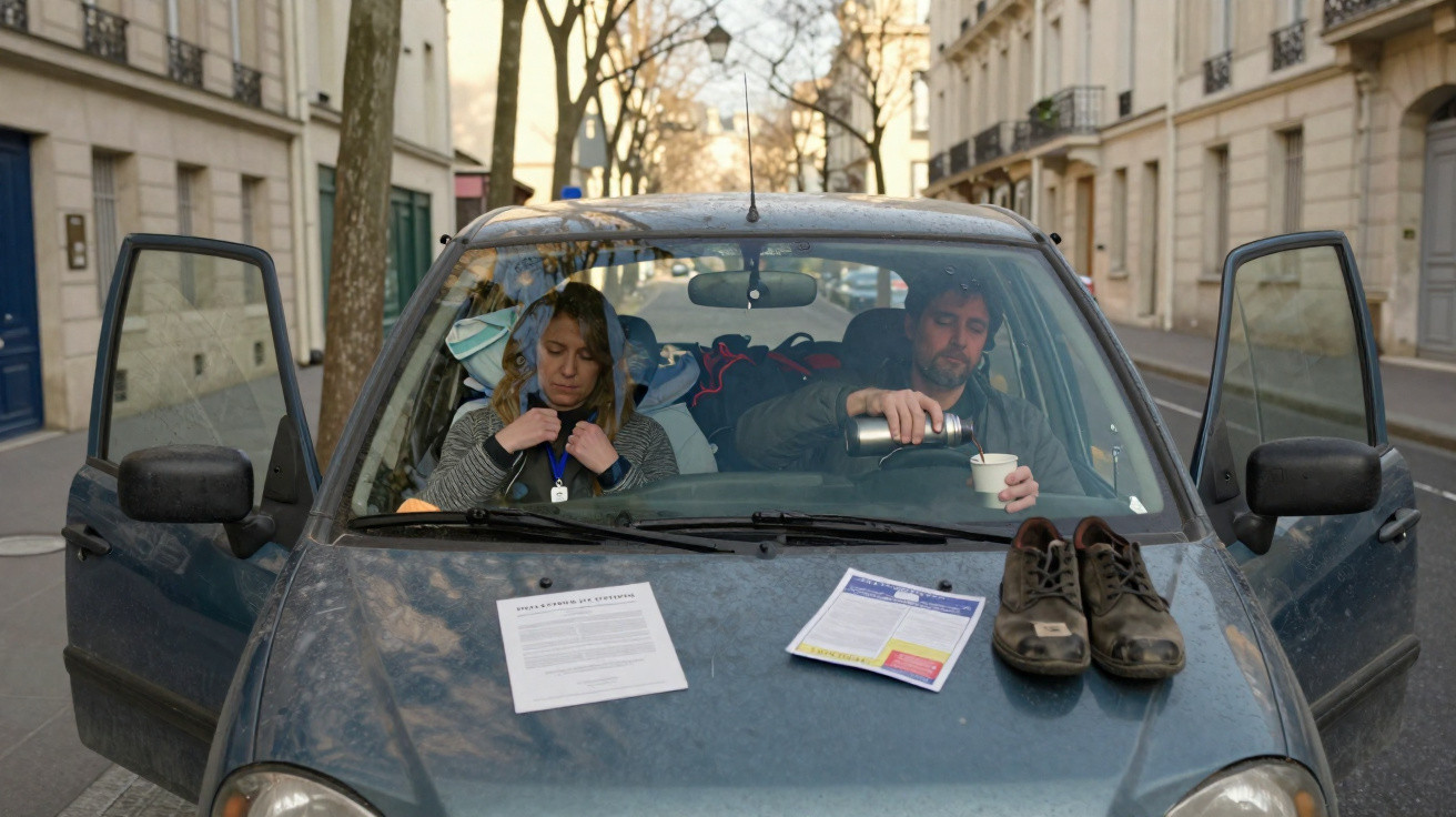 Casal dentro de carro estacionado com portas abertas, documentos e sapatos no capô.