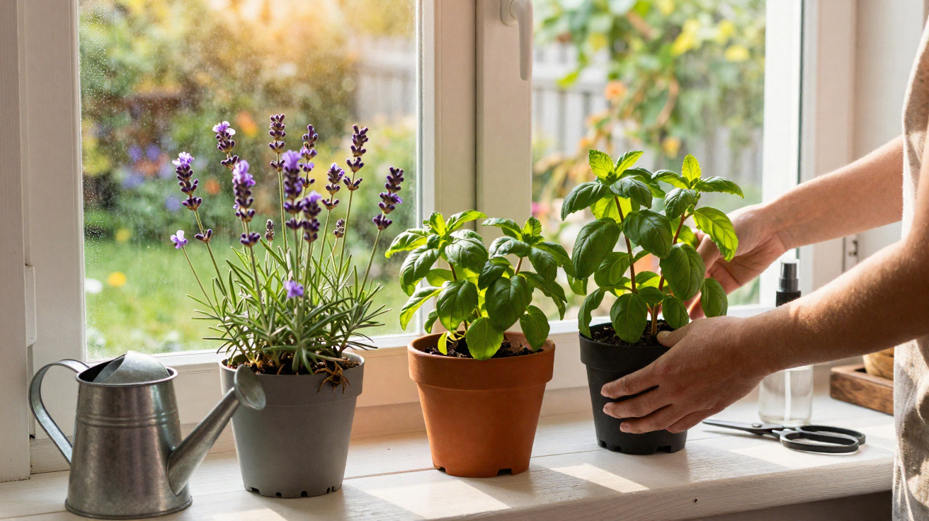 Mãos cuidando de plantas em vasos na janela com regador de metal e luz natural entrando.