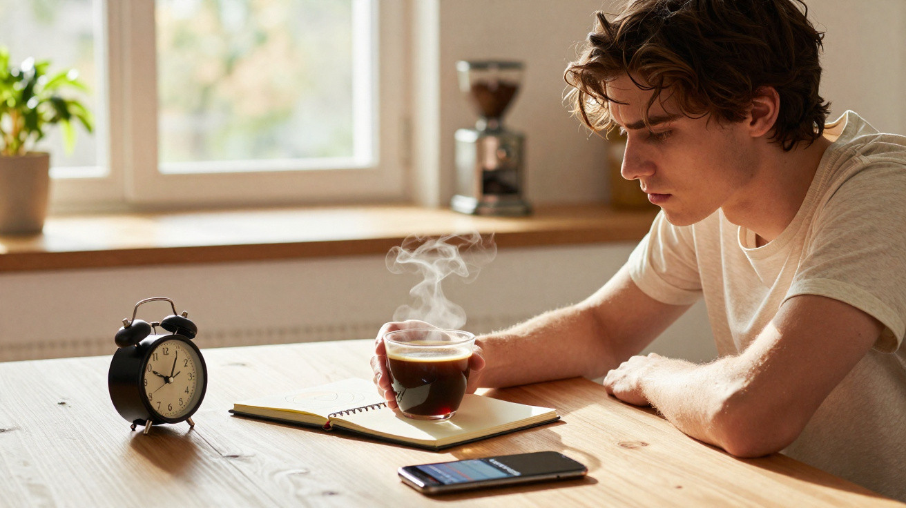 Jovem sentado à mesa, segurando xícara de café quente, com relógio, caderno e celular à sua frente.