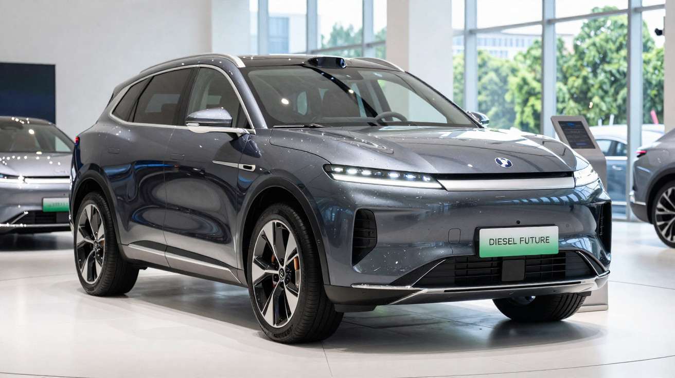 SUV elétrico cinza metálico exibido em showroom com luz natural e placa "Diesel Future".
