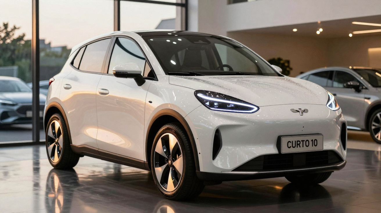 Carro elétrico branco, modelo SUV compacto, exibido em showroom moderno com luzes acesas.