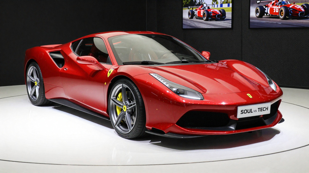 Carro esportivo Ferrari vermelho brilhante exibido em plataforma branca com pinturas de carros antigos ao fundo.