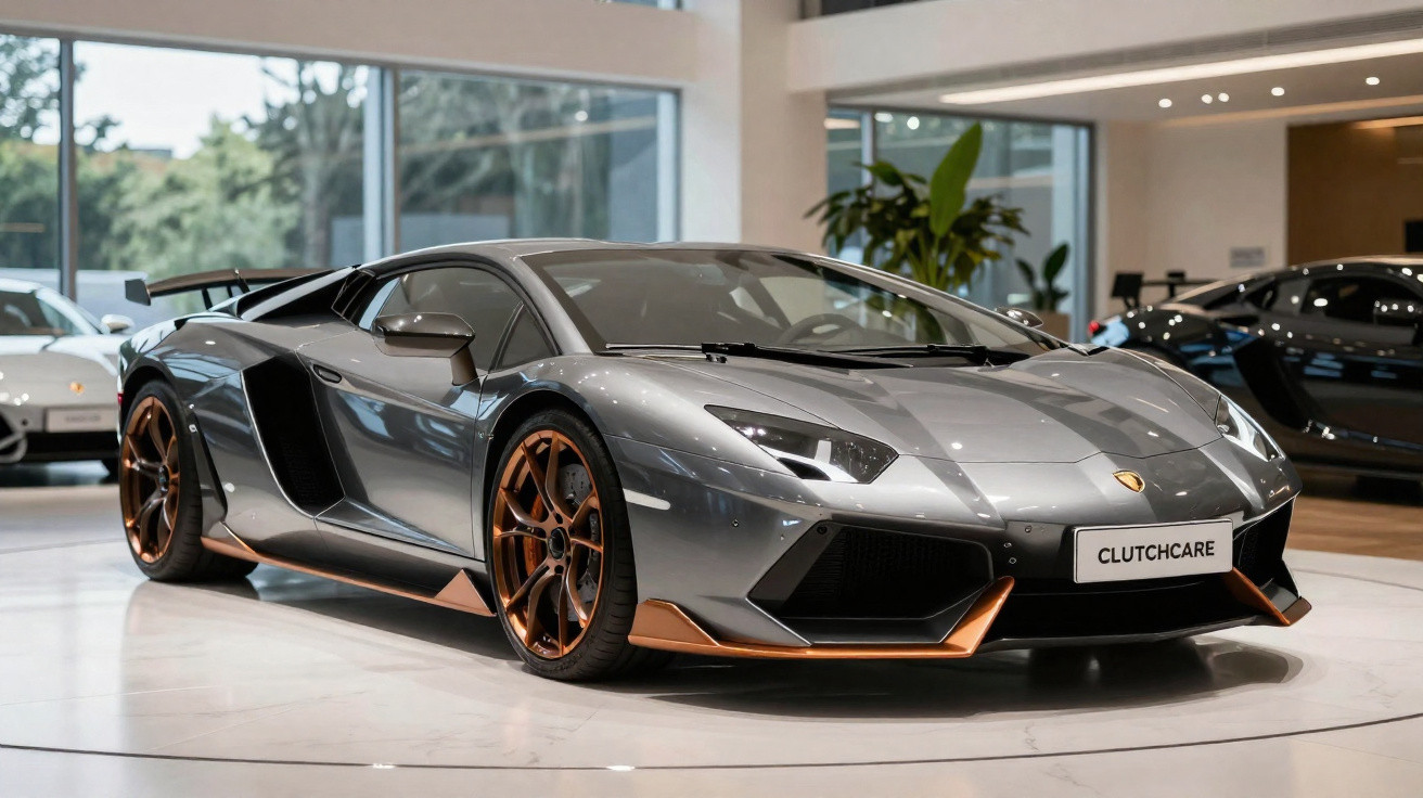 Carro esportivo Lamborghini cinza com detalhes dourados em showroom moderno com iluminação natural.