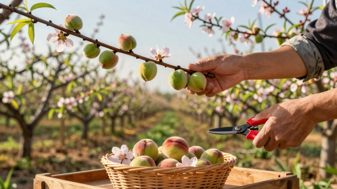 Pessoa colhendo pêssegos verdes em pomar com flores rosas, cesta cheia de frutas e tesoura vermelha.