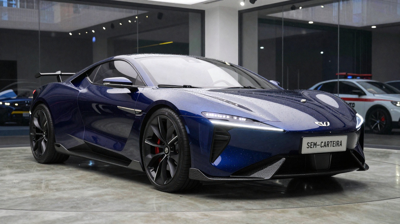 Carro esportivo azul escuro estacionado em piso de concreto dentro de showroom moderno com vidro ao fundo.