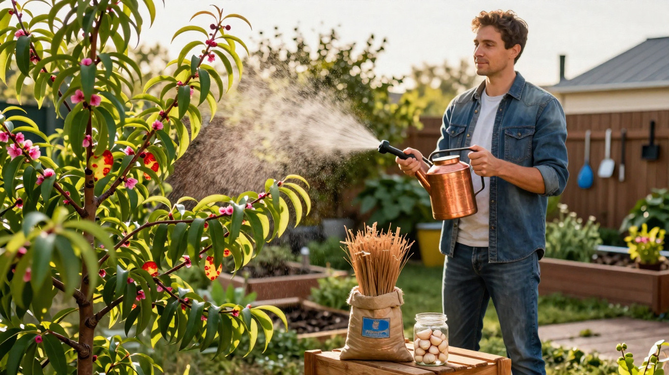 Homem regando planta com regador de metal em jardim com flores e caixa de madeira.
