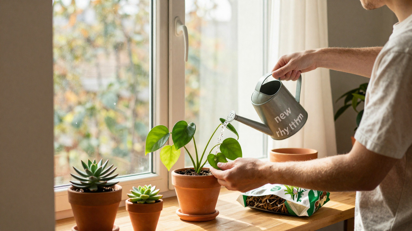 Pessoa regando planta em vaso de barro próximo à janela com regador metálico.