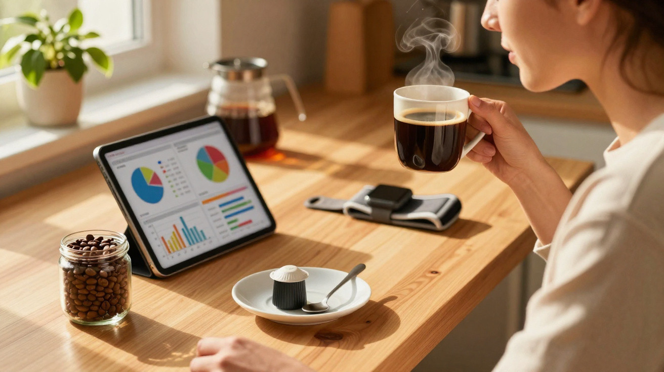 Pessoa tomando café quente enquanto observa gráficos coloridos em um tablet na mesa de madeira.