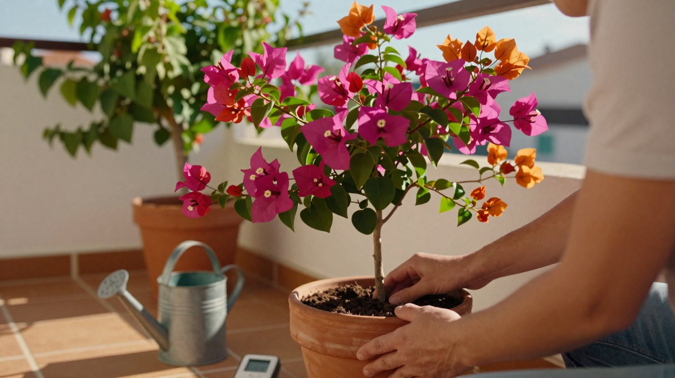 Pessoa cuidando de planta florida com flores rosa e laranja em vaso de barro em varanda ensolarada.