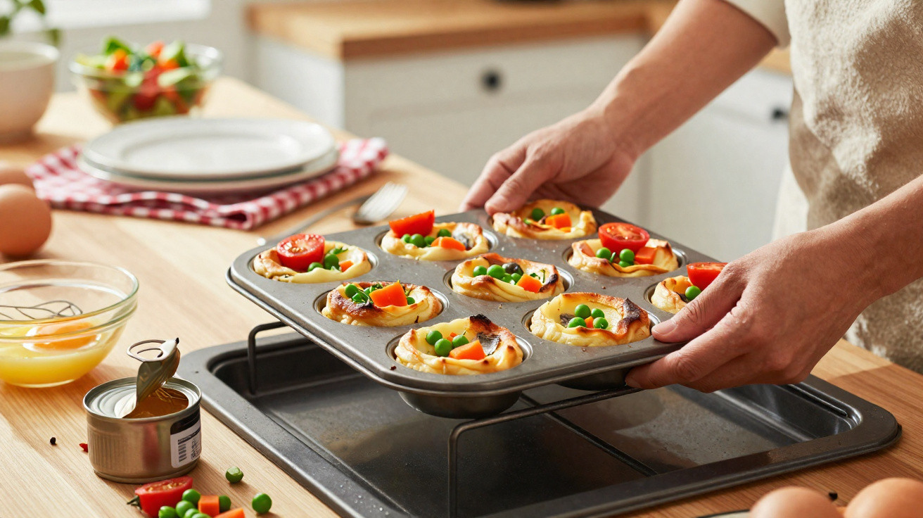 Pessoa retirando mini tortas salgadas com tomate, ervilha e cenoura do forno em uma forma metálica.