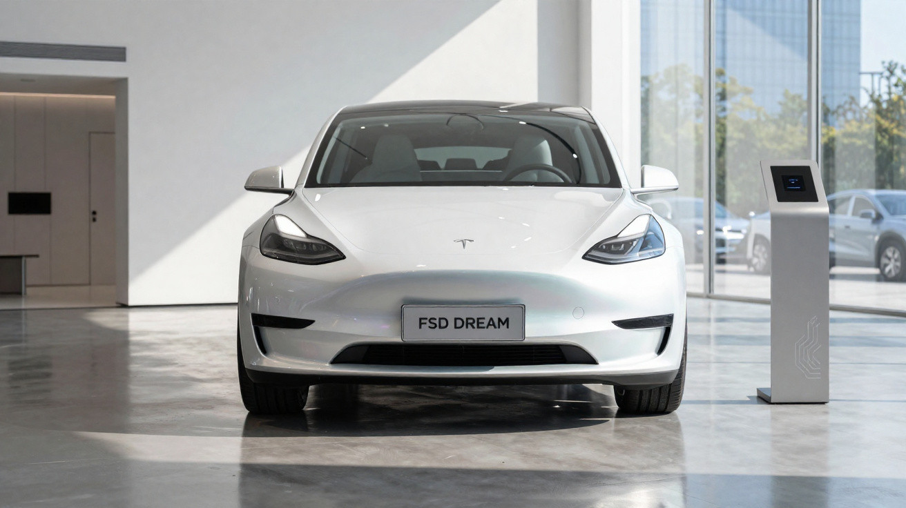 Carro elétrico Tesla branco modelo FSD Dream em exposição dentro de showroom moderno com piso refletivo.