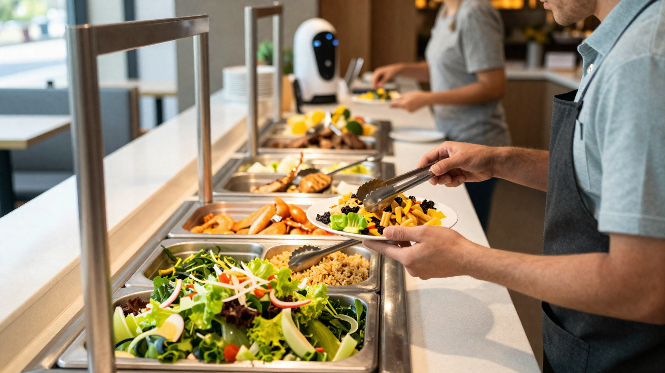 Pessoa servindo comida em buffet self-service com saladas, arroz e legumes variados.