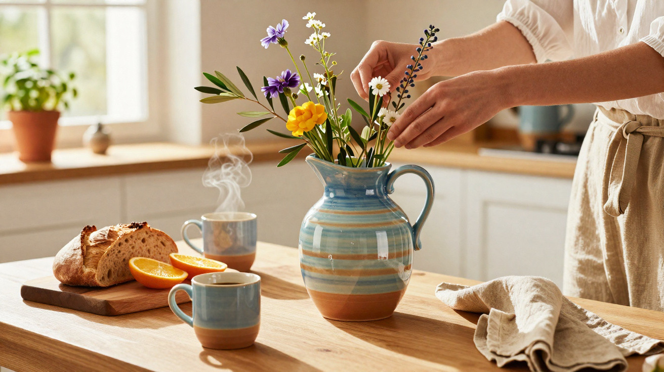 Pessoa organizando flores em vaso azul em cozinha iluminada, com café, pão e laranja na mesa de madeira.