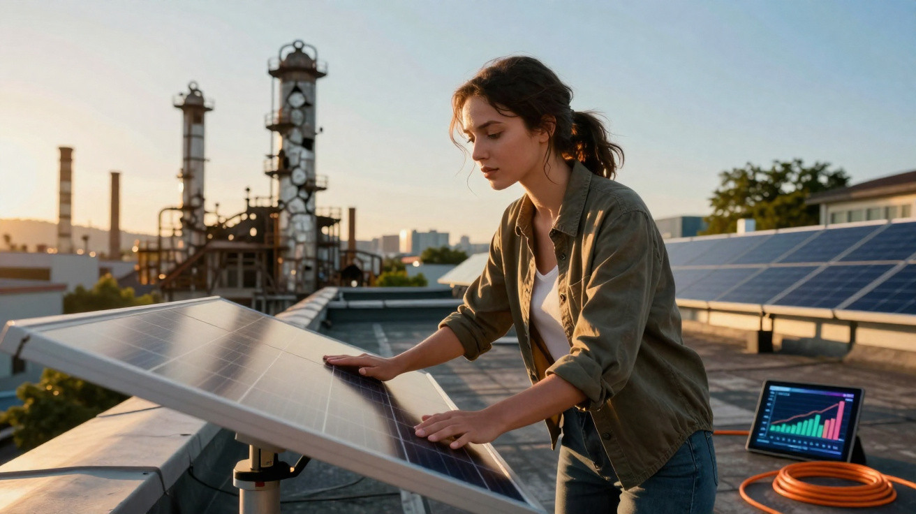 Mulher inspecionando painel solar em telhado com equipamentos industriais ao fundo ao pôr do sol.