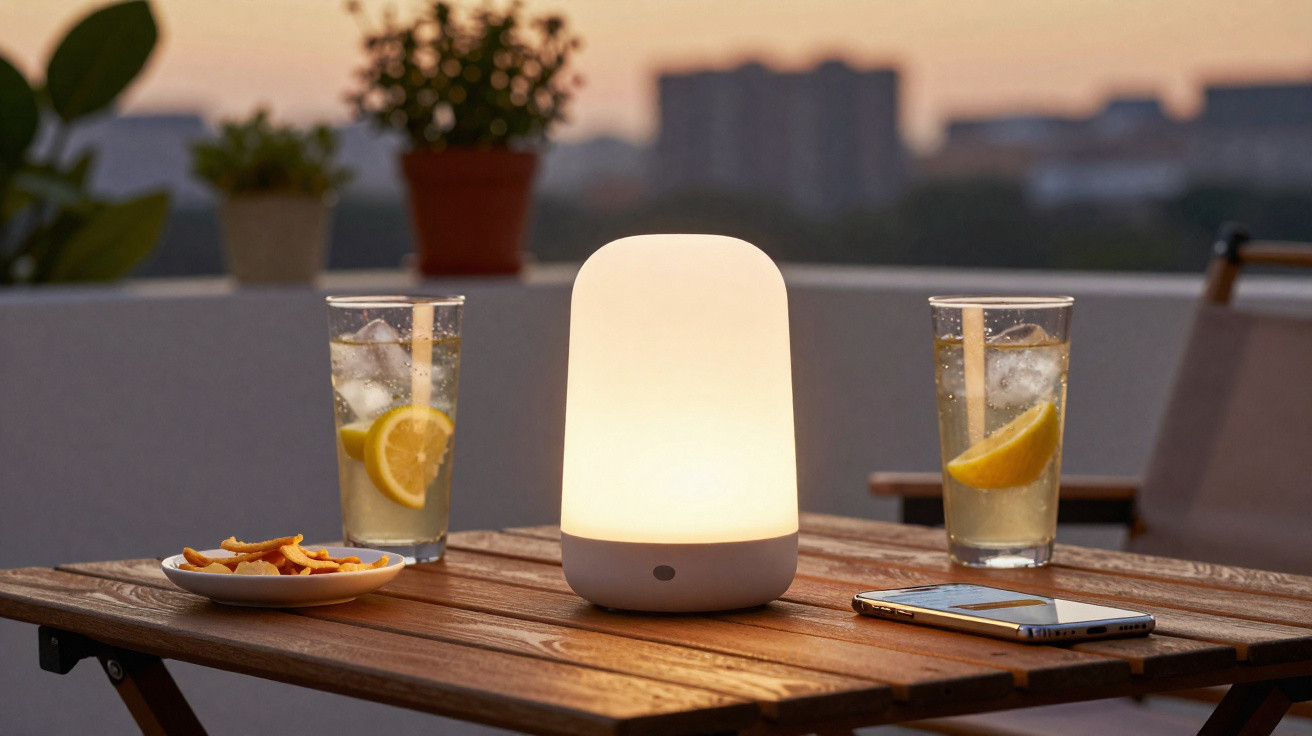 Mesa de madeira com luminária acesa, dois copos com limonada e celular ao entardecer.