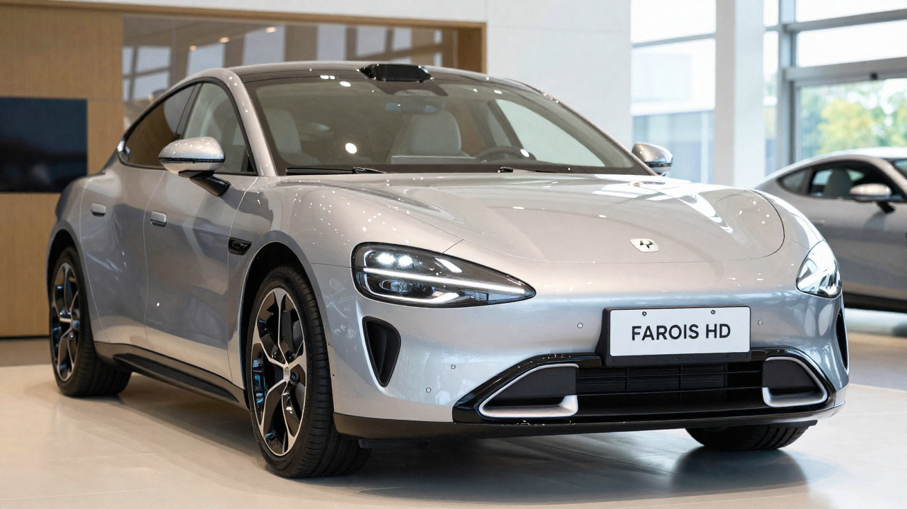 Carro elétrico moderno prata exibido em showroom com faróis acesos e design aerodinâmico.