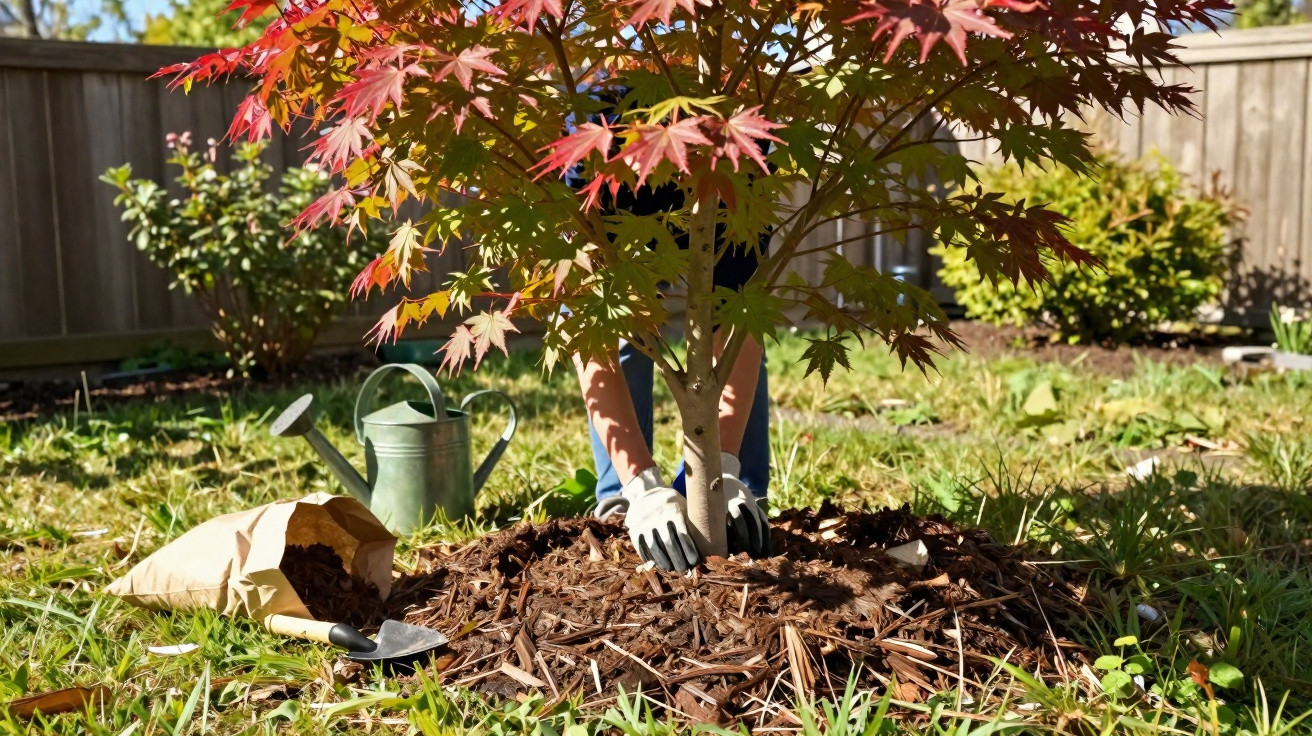 Pessoa plantando árvore com folhas vermelhas, regador e saco de adubo no jardim ensolarado.