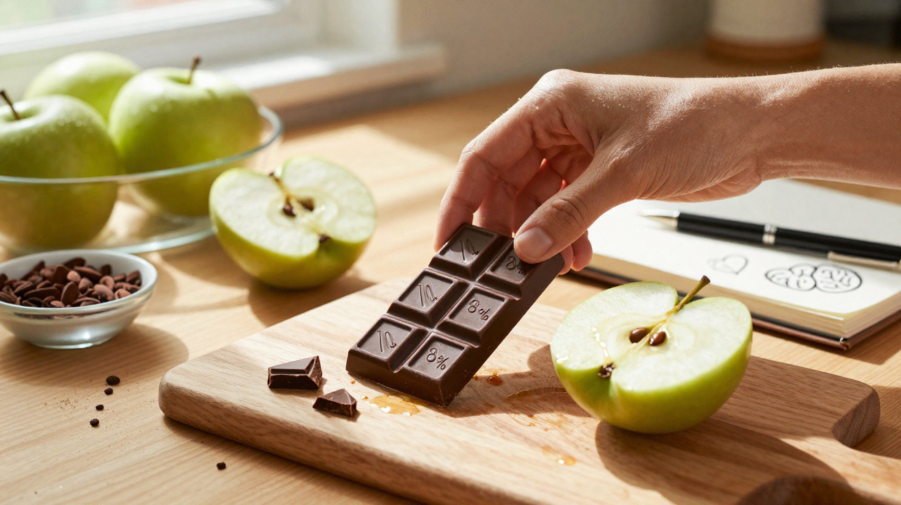 Mão segurando barra de chocolate sobre tábua com maçã verde cortada e sementes de cacau ao lado.
