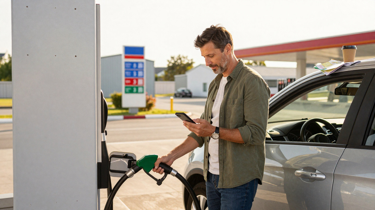 Homem abastecendo carro em posto de gasolina enquanto usa celular ao ar livre em dia ensolarado.