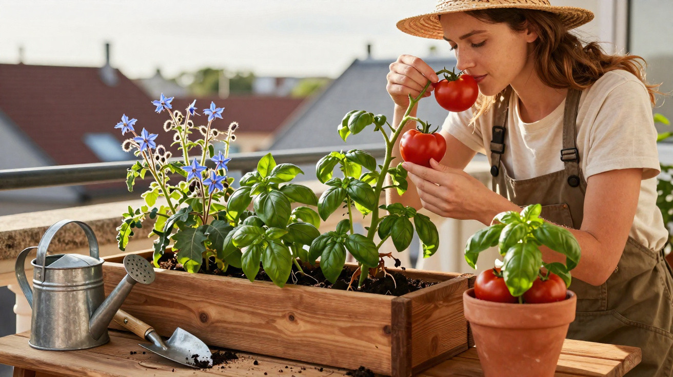 Mulher colhendo tomates em horta caseira com plantas de manjericão e flor azul em vaso de madeira.