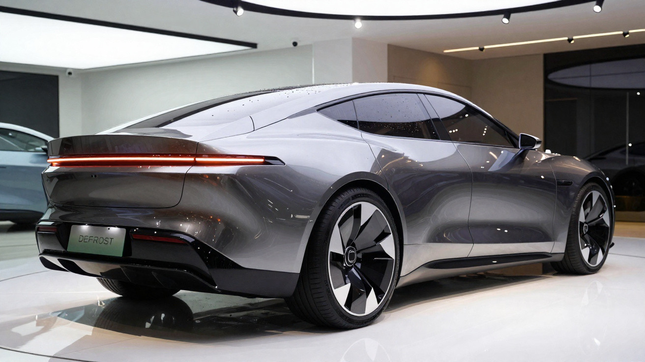 Carro elétrico cinza prata com design futurista exposto em showroom moderno e iluminado.