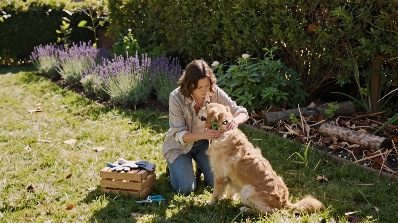 Mulher cuidando de cachorro dourado no jardim, com caixa de ferramentas e flores ao fundo.