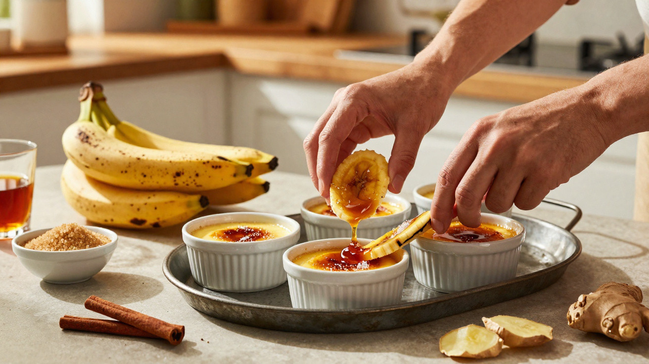 Mãos mergulhando fatias de banana em cremes queimados em ramequins, com bananas, canela e gengibre ao redor.