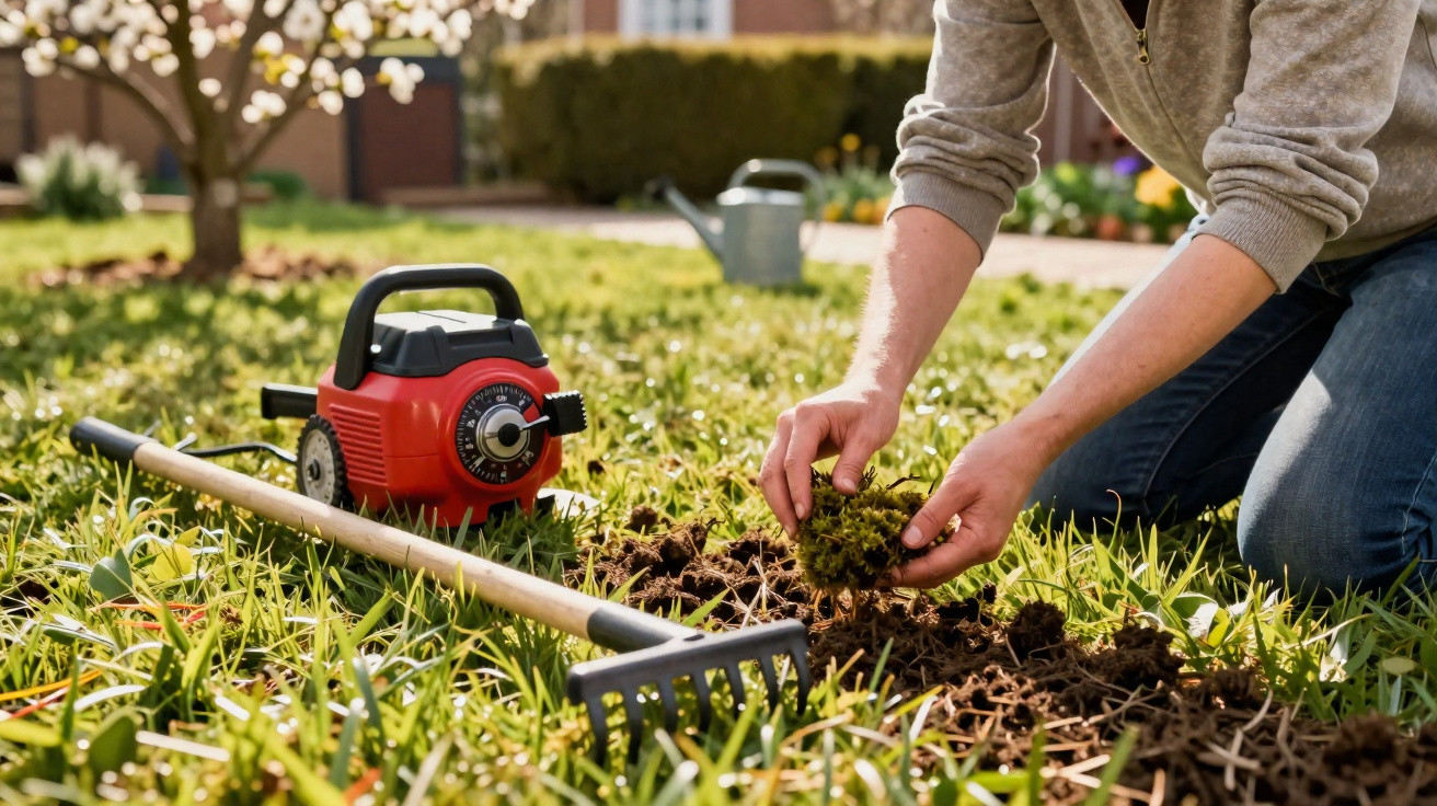 Pessoa plantando mudas em jardim com ferramentas de jardinagem ao redor, em ambiente ensolarado.