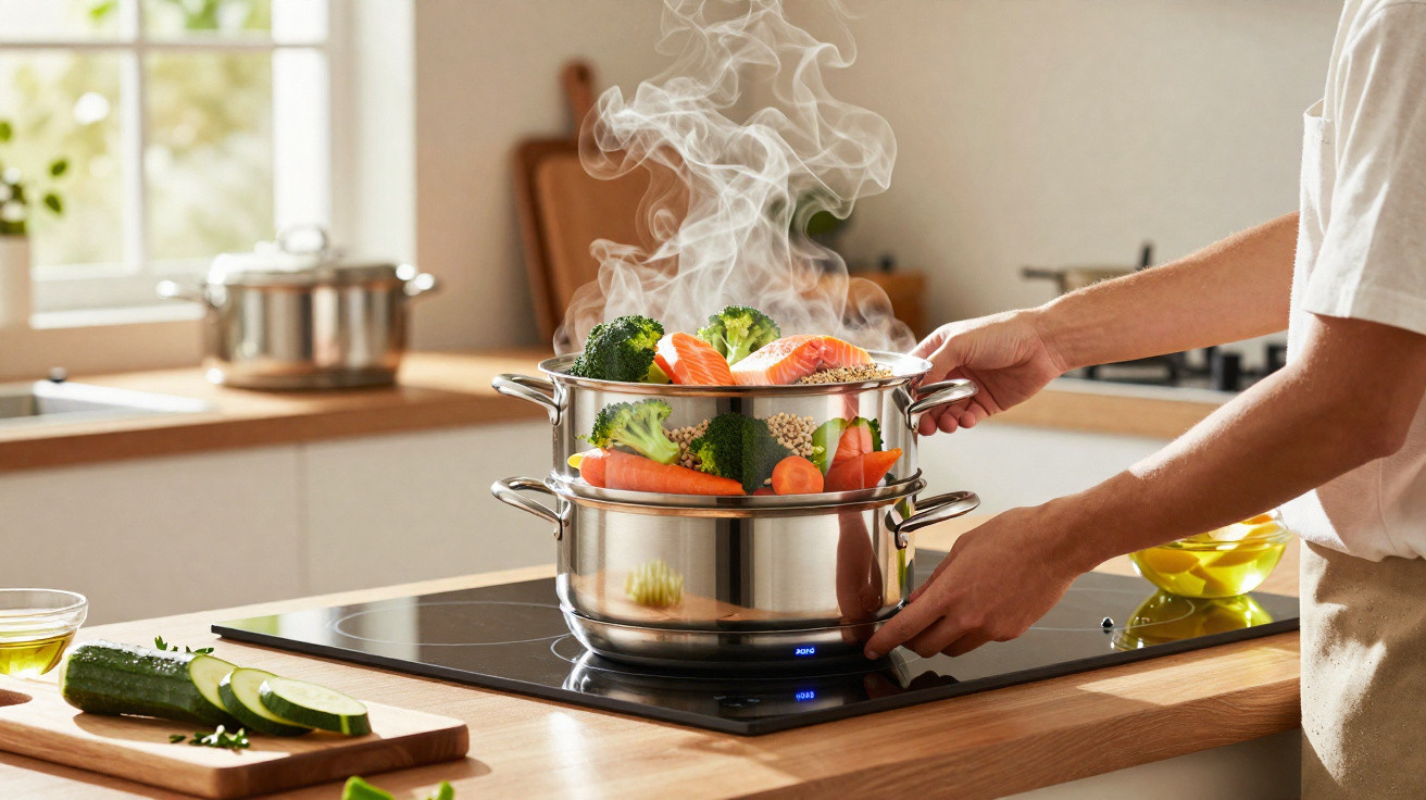Pessoa cozinhando legumes com vaporizador de inox em fogão de indução na cozinha.