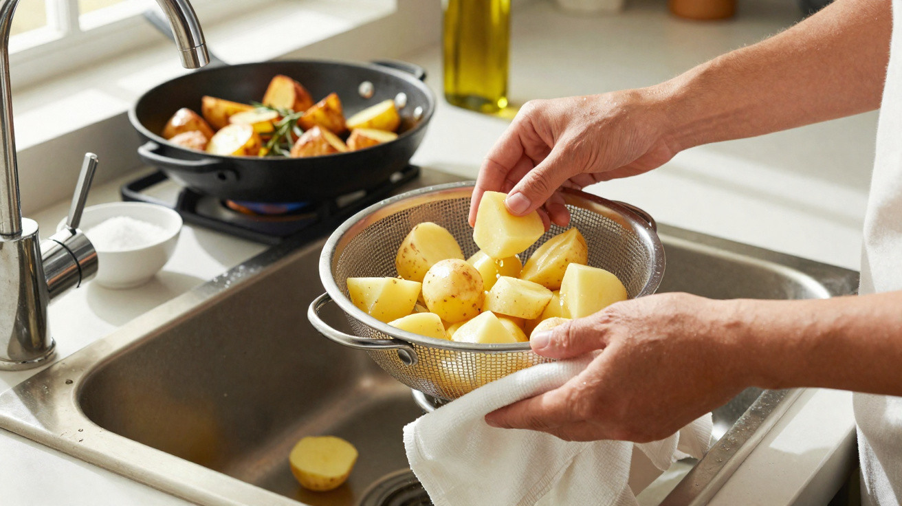 Pessoa lavando batatas cortadas em escorredor de metal na pia da cozinha.