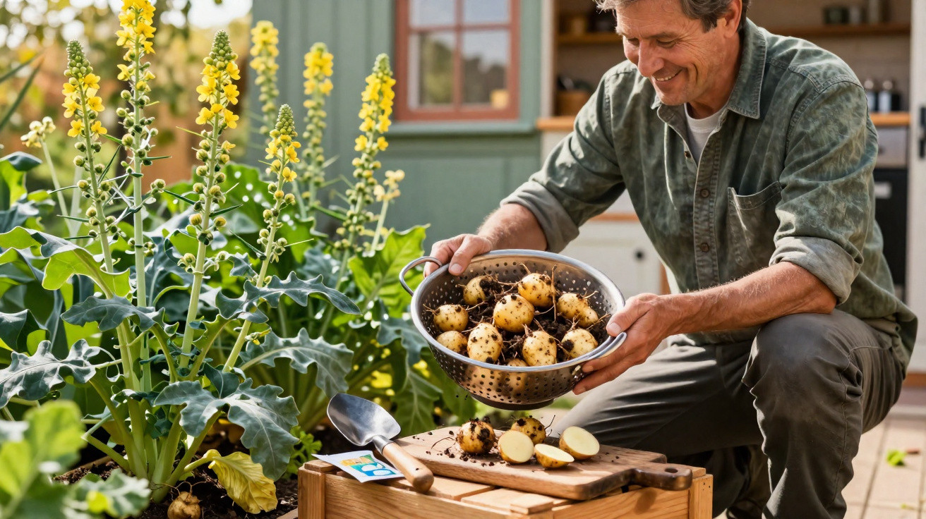 Homem colhendo batatas orgânicas em cesta no jardim ao lado de plantas floridas amarelas.