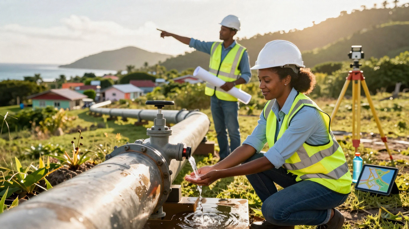 Engenheira verifica vazamento de água em cano exposto, colega observa terreno com planta baixa e aponto.