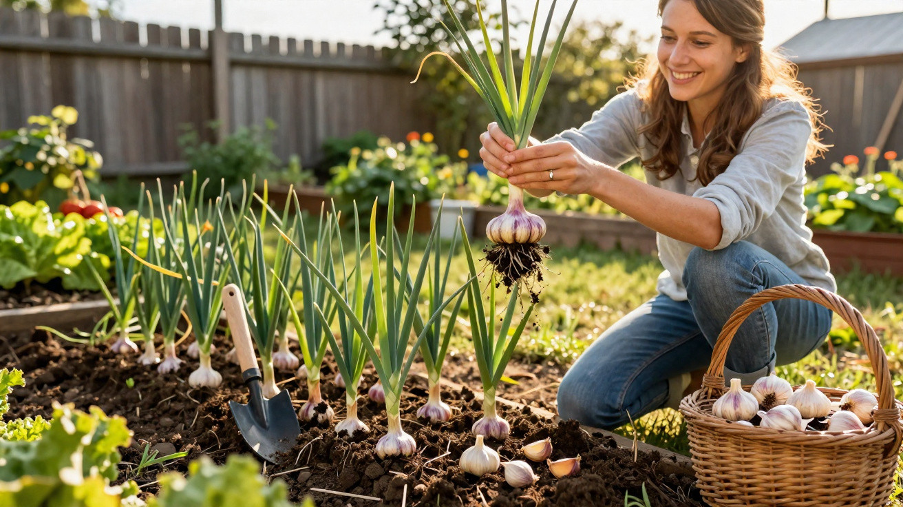 Mulher sorridente colhendo alho em jardim cultivado, com cesta cheia de alhos ao lado.