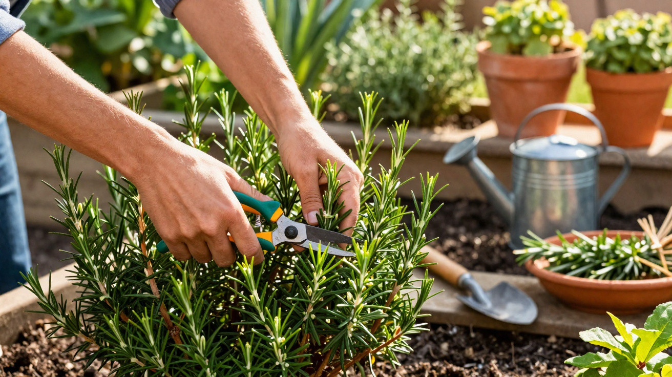 Pessoa podando arbusto verde em jardim com regador, pá e plantas ao fundo.