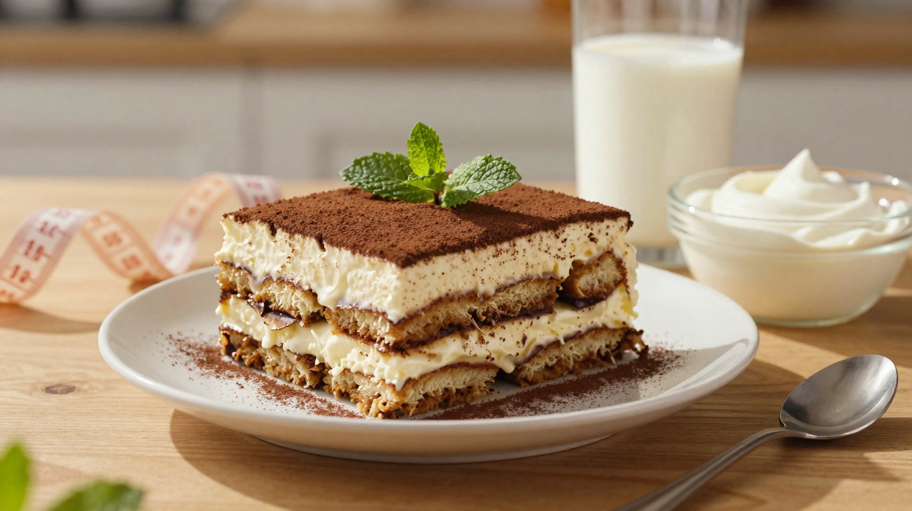 Fatias de tiramisu com cacau em pó e hortelã em prato branco, copo de leite e creme ao fundo.