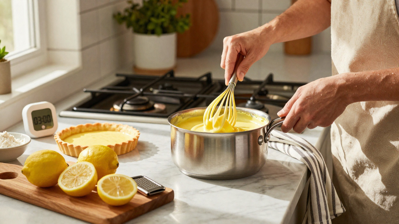 Pessoa mexendo creme amarelo em panela na cozinha com limões e torta de limão ao fundo.