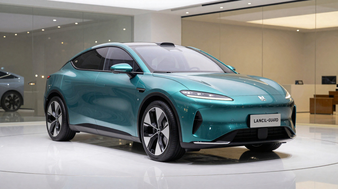 Carro elétrico verde metálico Lanci-Guard em exposição, design moderno e aerodinâmico.