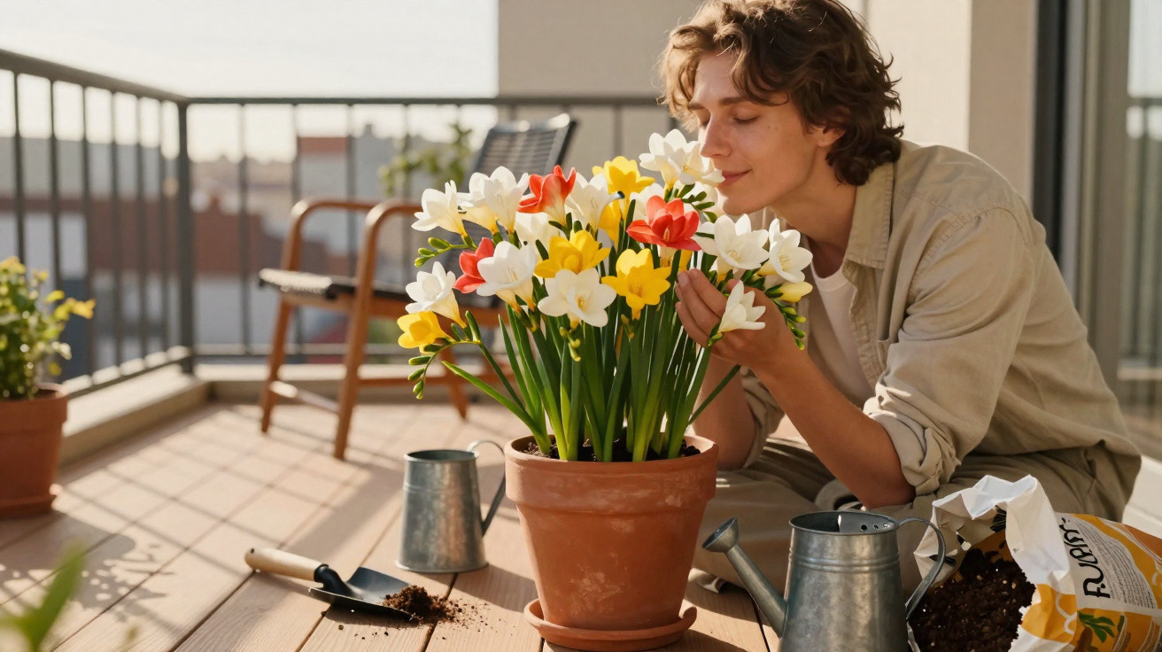 Pessoa cheirando flores coloridas em vaso no piso de madeira de varanda ensolarada.