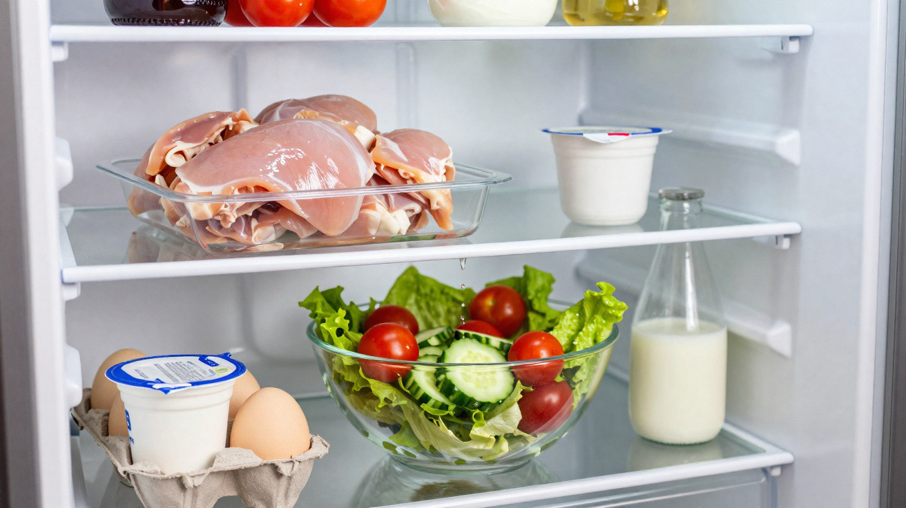 Geladeira aberta com frango cru, salada, ovos, iogurte e leite em vidro.