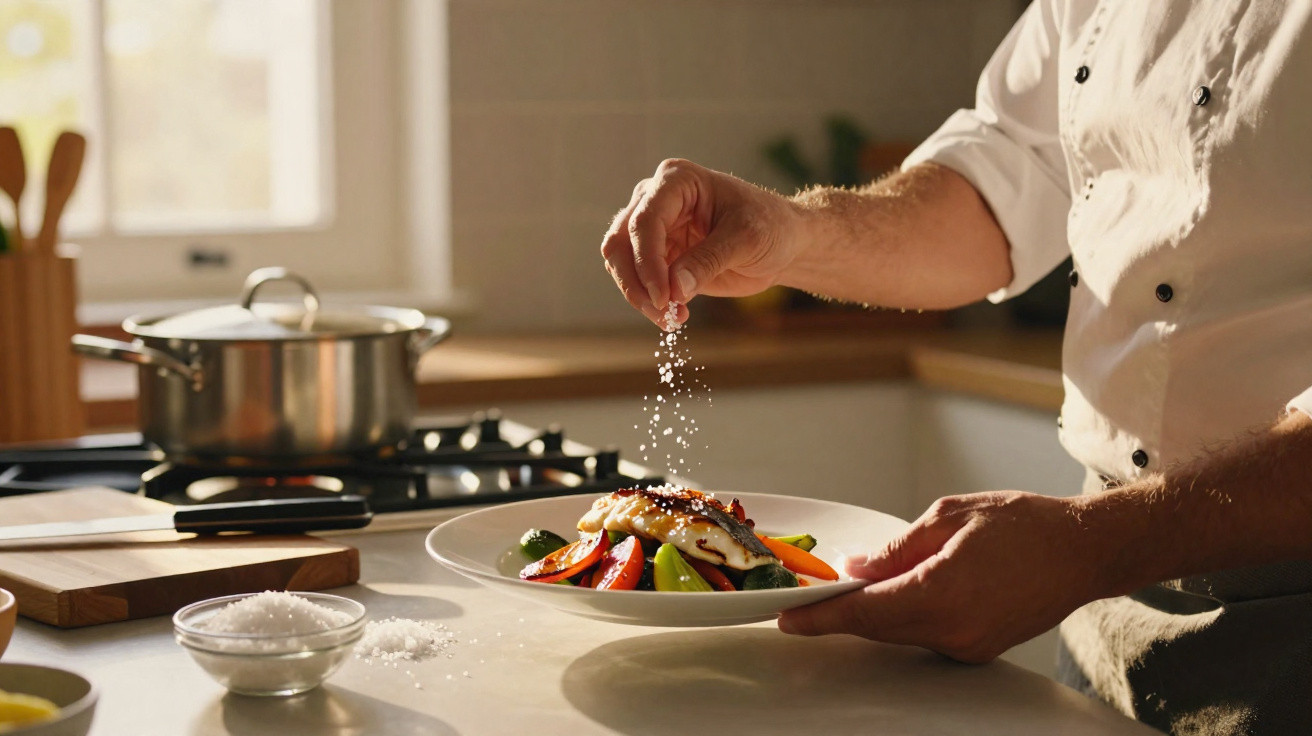 Chef tempera prato com legumes variados e peixe em cozinha iluminada pela luz natural.