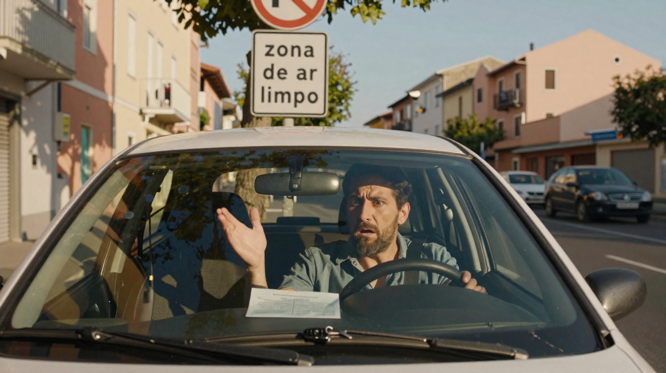 Homem dirigindo carro branco parado sob placa de trânsito de “zona de ar limpo” em área urbana.