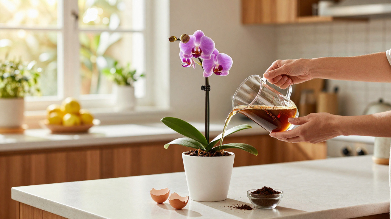 Pessoa regando orquídea em vaso branco na cozinha, com conchas de ovo e café moído na bancada.