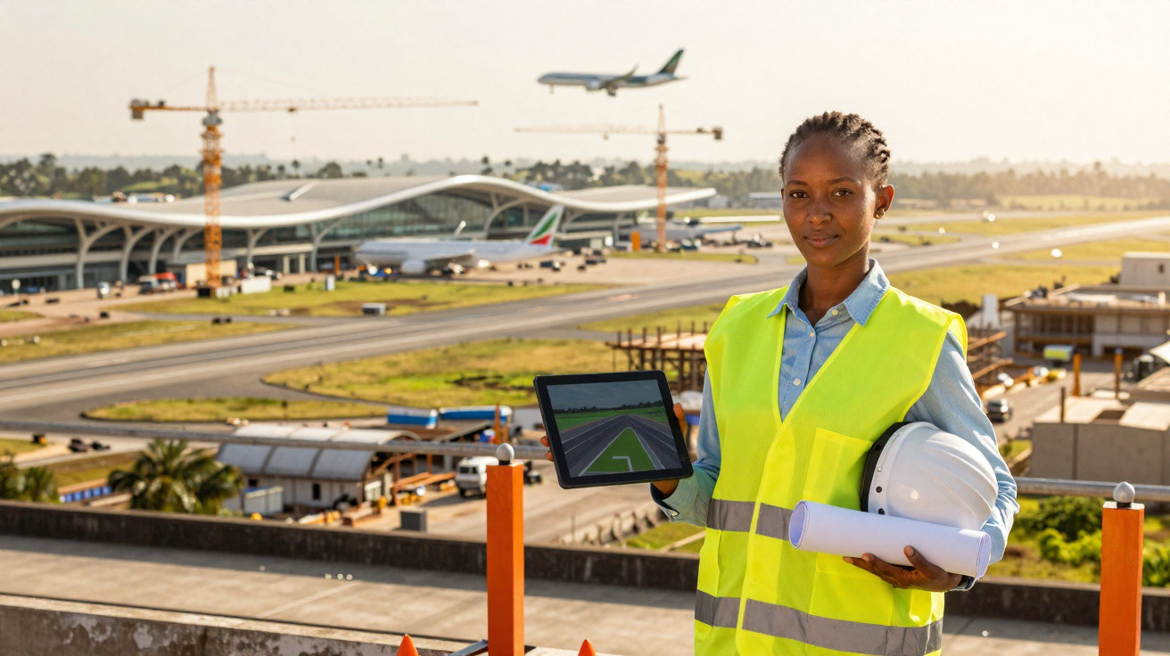 Mulher engenheira com colete e capacete segura tablet em obra perto de aeroporto com avião pousando ao fundo.