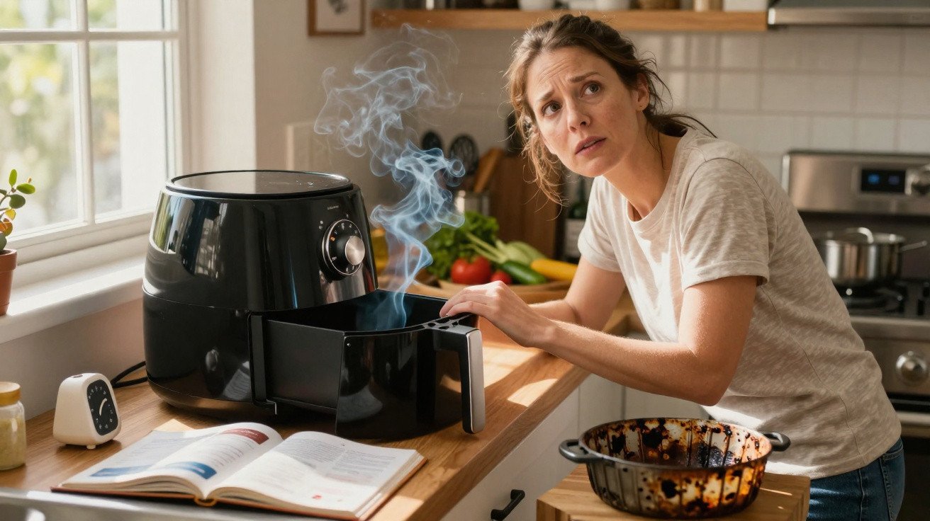 Mulher assustada abre fritadeira elétrica com fumaça saindo na cozinha moderna.